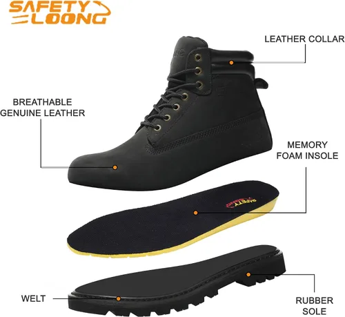 Vista 3 de Botas de trabajo para hombre, impermeables, con puntera suave, antideslizantes, cómodas, botas de trabajo de cuero