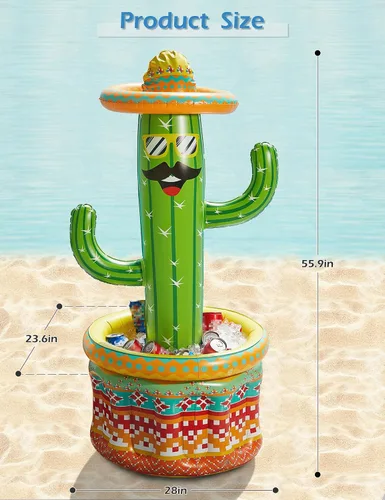 Vista 6 de Jasonwell Hielera inflable para fiesta en la piscina – Cubo de hielo de cactus para fiesta de Luau hawaiano tropical playa temática cumpleaños