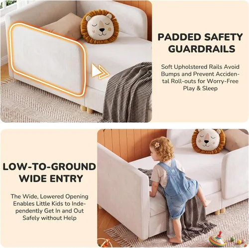 Vista 4 de DoCred Cama infantil, cama tapizada para niños y niñas Camas de suelo para niños pequeños con rieles extraíbles, cama suave de perfil bajo para B