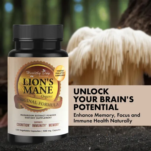 Vista 2 de Lions Mane - Cápsulas de cognición de hongos – 120 unidades Orgánico, sin gluten, suplemento de cerebro alfa para adultos Vitaminas cerebrales