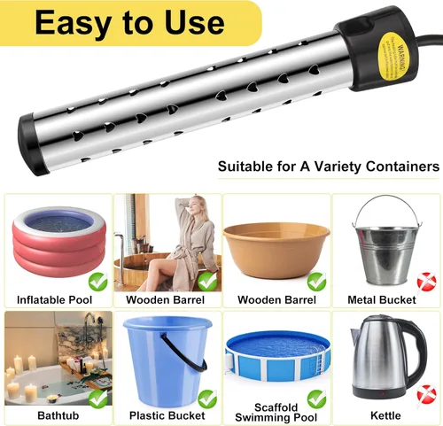 Vista 3 de Treela 2 Piezas Calentadores de Agua de Inmersión Portátiles Eléctricos Sumergibles para Piscina/Bañera de Hidromasaje con 304 SS para Bañera, Cubo