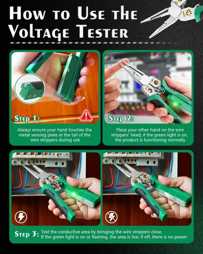 Vista 8 de Pelacables de 8 en 1, herramienta de pelado de cables con probador de voltaje, cortadores de cable con alicates, torsión, crimpadora, división