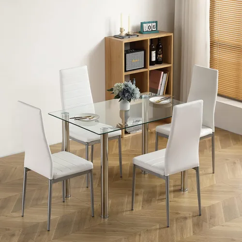 Vista 9 de Juego de mesa de comedor negra de 5 piezas para 4, juego de mesa y sillas de cocina de vidrio moderno, juego de mesa de comedor que ahorra espacio