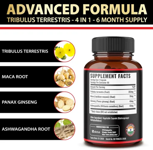 Vista 6 de Zolotus 2 paquetes de Tribulus Terrestris con raíz de maca Ashwagndha, Panax Ginseng - 6 meses de suministro