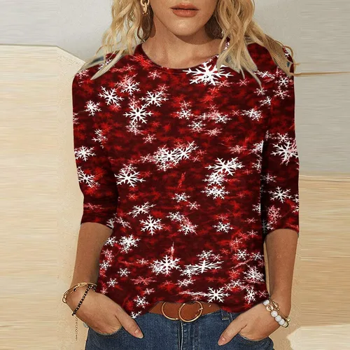 Vista 2 de Sudadera de moda para mujer, con estampado navideño, casual, manga larga, cuello redondo, camiseta de entrenamiento