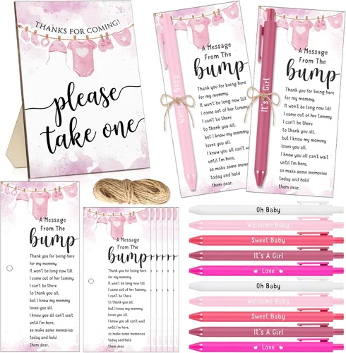 Vista 9 de Sintuff Juego de 50 Recuerdos de Baby Shower para Invitados 1 Letrero de Agradecimiento por Venir 50 Bolígrafos 50 Tarjetas de Agradecimiento