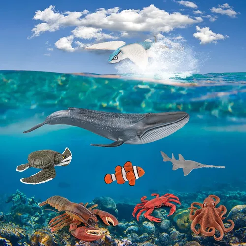 Vista 3 de Juego de 8 juguetes de criaturas marinas gigantes para niños, 8 piezas, figura de juguete de ballena, modelo de langosta australiana, educativo