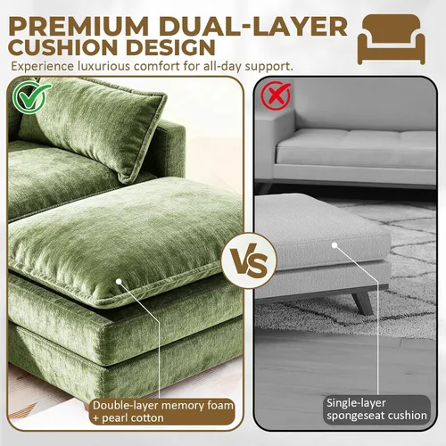 Vista 5 de Sofá modular en forma de L de 112 pulgadas con 1 otomana, cama convertible de nube de asiento profundo, 3 cojines de 2 brazos, cómodos muebles Verde