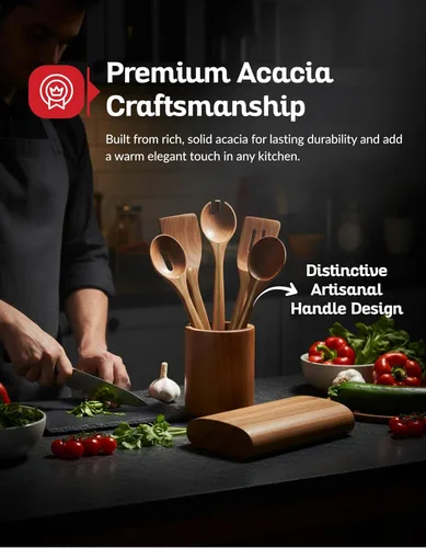 Vista 2 de Juego de 5 utensilios de acacia con soporte – Utensilios de cocina de madera de primera calidad, juego de espátula y cuchara de madera de acacia