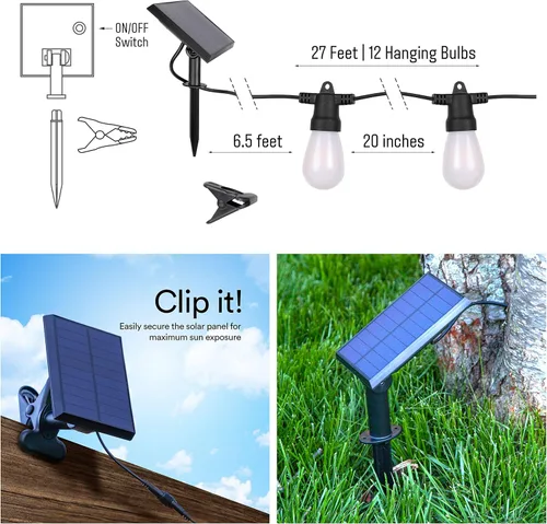 Vista 2 de Brightech Ambience Pro - Tira de luces LED para exteriores con energía solar, 27 pies, impermeable, comercial, con bombillas parpadeantes, luces
