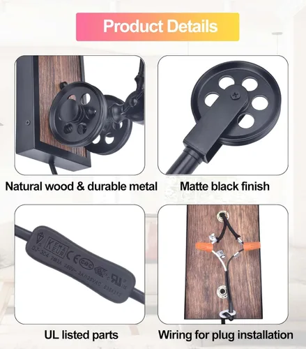 Vista 3 de Steampunk - Lámpara de pared industrial de polea enchufable, lámpara vintage de metal negro con interruptor, lámpara de pared retro con cable
