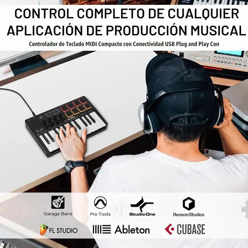 Vista 2 de M-Wave Controlador de teclado USB MIDI de 25 teclas con 8 almohadillas de batería retroiluminadas, Bluetooth, teclado dinámico profesional clásicos