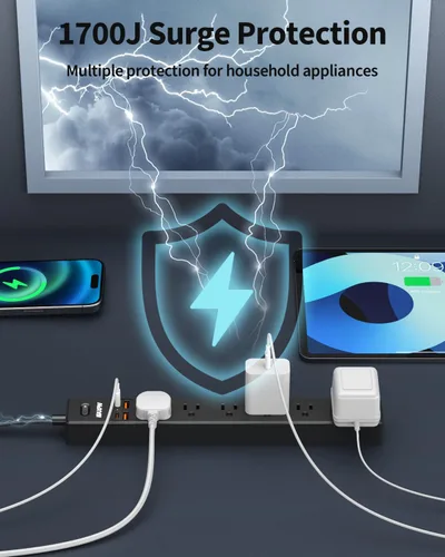 Vista 6 de Regleta protectora de sobretensiones de 10 pies, 7 tomacorrientes, 4 puertos USB (2 USB C), cable de extensión plano ultrafino y enchufe plano, 1700