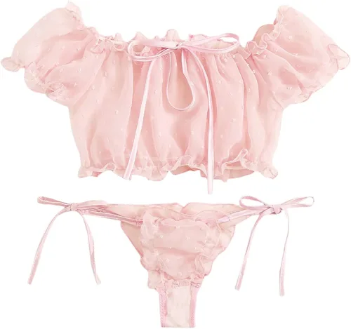 Vista 2 de SheIn Conjunto de lencería de malla Dobby con ribete de volantes para mujer, brasier sexy y braga