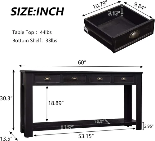 Vista 3 de kinbor Mesa consola larga para sofá, mesa de sofá de madera, mesas de entrada con 4 cajones y estante de almacenamiento para entrada, pasillo, sala