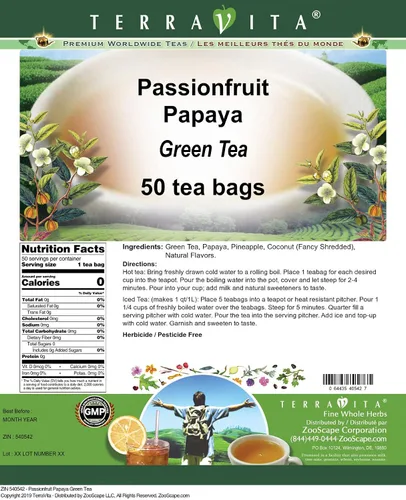 Vista 2 de Té verde de papaya de maracuyá (50 bolsitas de té, ZIN: 540542)