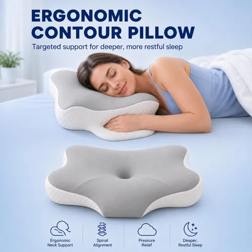 Vista 4 de Almohada cervical de mariposa para dormir, almohada ergonómica de contorno de espuma viscoelástica con soporte para cuello y hombros, almohada Blanco