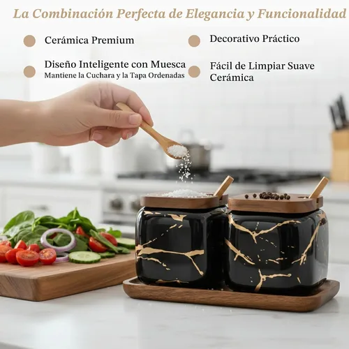 Vista 2 de EIMQUVW Juego de 2 tarros de cerámica de mármol para condimentos, cuencos de sal de azúcar y condimentos con tapas de madera, cuchara de madera