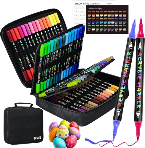 Vista 12 de IVSUN Bolígrafos de Pintura Acrílica, 100 Colores Marcadores de Pintura de Doble Punta con Punta Fina y Punta de Pincel para Piedra, Madera, Lienzo