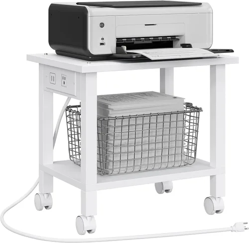 Vista 9 de TUTOTAK Soporte de impresora de 2 niveles, carrito de impresora rodante con tomas de corriente y puertos USB, mesa de impresora móvil con ruedas