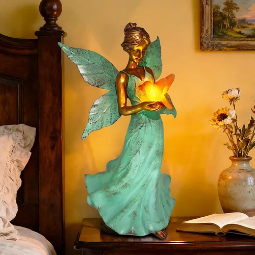 Vista 3 de Decoración solar de estatua de jardín de hadas, figura de resina de ángel de 10 pulgadas, impermeable, decoración del hogar con luces LED de colibrí