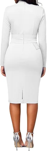 Vista 2 de Oxgmoky Vestido de iglesia para mujer, vestidos de negocios de trabajo, manga entallada, cuello redondo, vestidos de lápiz