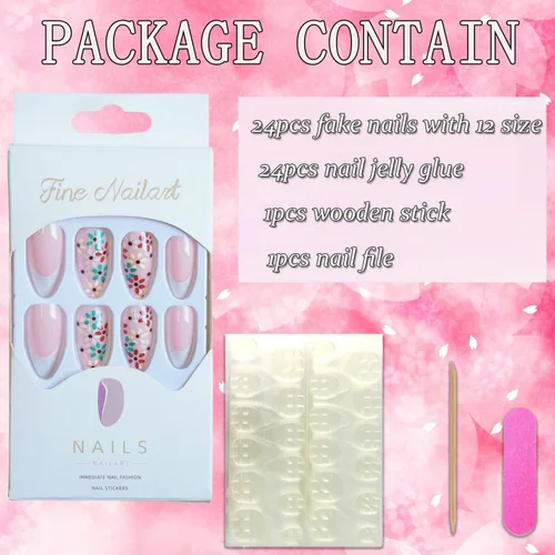 Vista 4 de Uñas postizas ovaladas a presión con puntas francesas, juego de uñas postizas cortas de flores artificiales, uñas postizas acrílicas con diseños