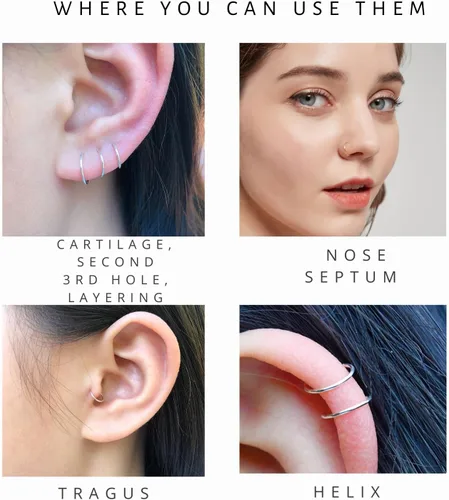 Vista 6 de Juego de aretes de aro pequeños para mujer, 0.236 in, 0.276 in, 0.315 in