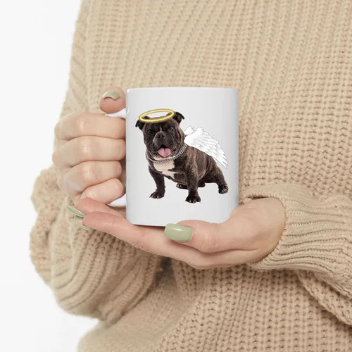 Vista 3 de Brindle American Bully Angel Wings - Taza de café conmemorativa – Regalos de condolencias para los amantes de los perros, taza blanca de 11 onzas