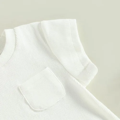 Vista 11 de KMBANGI Mameluco de manga corta con cuello redondo de punto acanalado de color sólido para bebé, niña y niño, traje de verano de una pieza