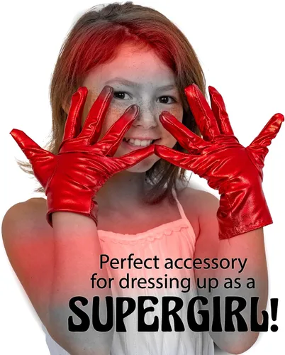 Vista 2 de Skeleteen Guantes de disfraz de color rojo metálico, juego de guantes de vestir elásticos de noche de superhéroe rojo brillante para hombres