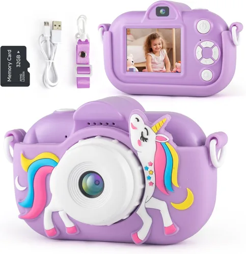 Vista 2 de Cámara infantil para niñas y niños, juguetes de regalo, cámara para niños pequeños con juegos, cámara digital para selfie de doble lente HD de 48 MP
