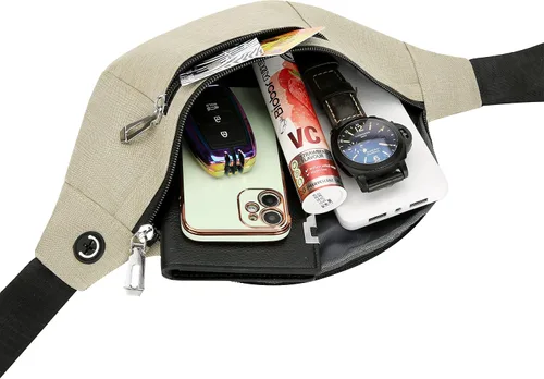 Vista 5 de Riñonera para hombres y mujeres, de moda e impermeable con cinturón ajustable, bolsas de riñonera casuales para correr, deportes, viajes. beige