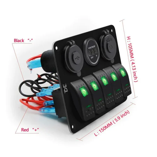 Vista 6 de FXC Interruptor basculante de 5 segmentos con doble ranura USB de 5 V 3.1 A + medidor de voltios + encendedor de cigarrillos para lanchas marinas