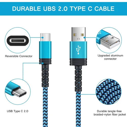 Vista 5 de [10 pies, 2 unidades] S23 USB C a USB A, cable de alimentación de teléfono Android de carga rápida tipo C, cable trenzado de nailon para Samsung