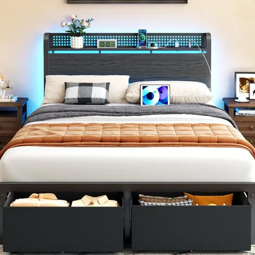 Vista 12 de Furnulem Base de cama de tamaño matrimonial con almacenamiento de cabecero, base de cama de plataforma tamaño matrimonial con 2 cajones, estación
