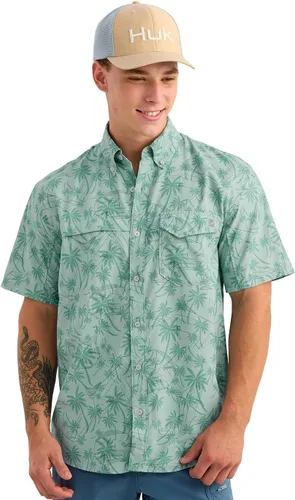 Vista 18 de HUK Men's Tide Point Kc Scott Original Artwork Short Sleeve Shirt, Fishing Button Down Negro
