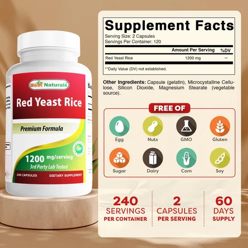 Vista 2 de Best Naturals Arroz de levadura roja, 1200 mg por porción, 240 cápsulas, fórmula premium, probado en laboratorio de terceros