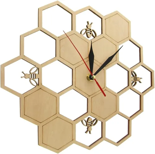 Vista 2 de XDG Reloj de pared de madera natural con diseño de abejas y panal de abeja, arte de pared, diseño de abeja, miel, contemporáneo, para decoración