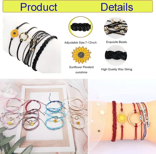 Vista 4 de CASDAN 24 pulseras de cuerda de girasol para mujer, hechas a mano, con dijes de cuerda trenzada, estilo bohemio, ajustable, impermeables