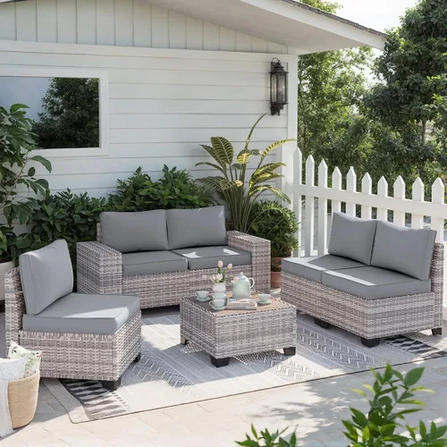 Vista 7 de Muebles de patio al aire libre conjunto PE mimbre ratán al aire libre sofá seccional Gris