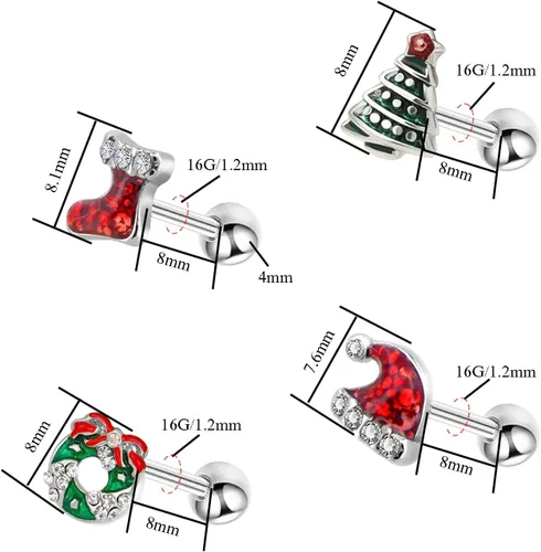 Vista 2 de VERAMI 4 aretes de cartílago de 16G 316L de acero inoxidable para árbol de Navidad, corona, sombrero de Navidad, botas, hélix, tragus, concha