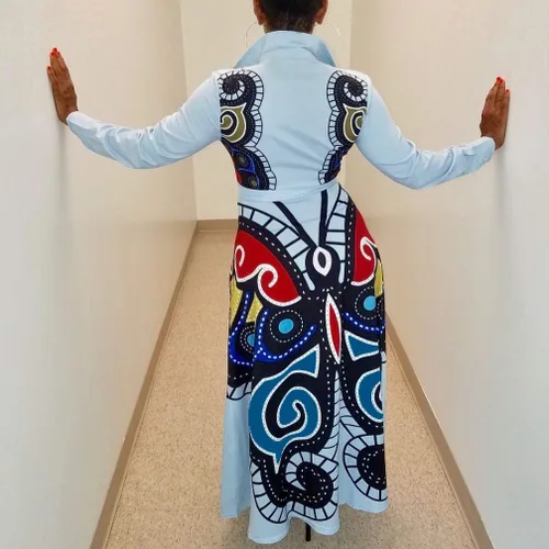 Vista 5 de Aro Lora Vestido largo Dashiki con cuello en V profundo, manga 34, abertura alta, estampado africano para mujer