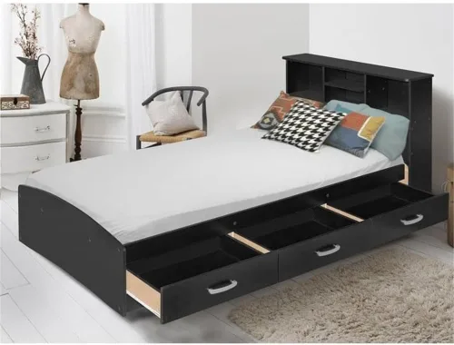 Vista 11 de Pemberly Row Moderna cama de madera tamaño individual con cajones, acabado negro, madera fabricada, cabecera de estantería, resistente a