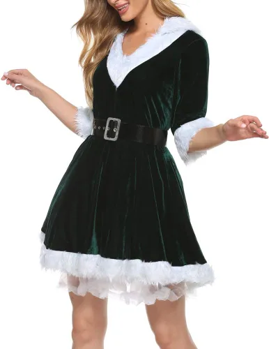 Vista 6 de Wrrkayly Disfraz de Papá Noel para mujer, de terciopelo, con capucha, vestido de Navidad, sexy, juego de rol, cosplay, vestido de fiesta