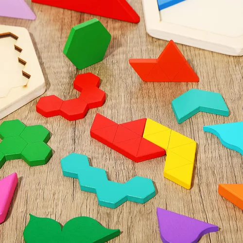 Vista 5 de Paquete de 5 rompecabezas de madera Tangram para niños, rompecabezas hexagonal de madera, rompecabezas de bloques de formas geométricas