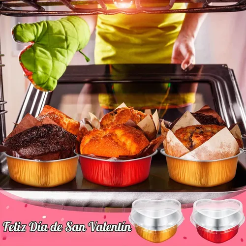 Vista 8 de Honeydak 100 juegos de moldes para hornear con forma de corazón, mini molde de aluminio de 3.4 onzas, lata desechable para cupcakes con tapas