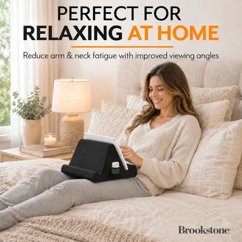 Vista 2 de Brookstone - Soporte para tableta de mesa de regazo con espuma viscoelástica, sostiene teléfonos, iPads, lectores de libros electrónicos, 2 ángulos