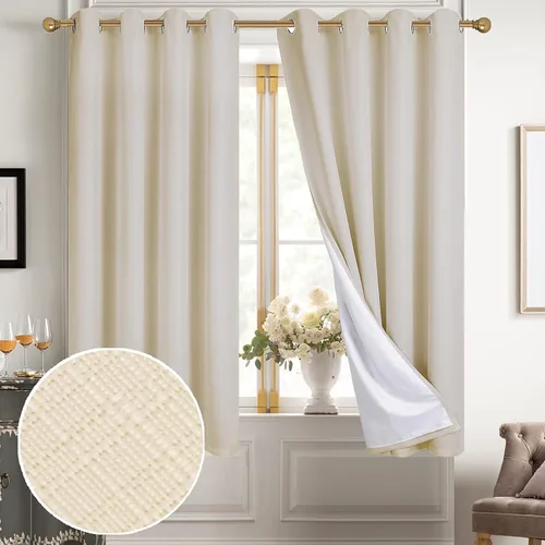 Vista 117 de Diraysid Cortinas 100% opacas de lino beige para dormitorio, con ojales, aislamiento térmico, cortinas de oscurecimiento de habitación