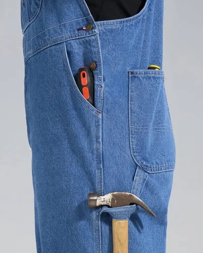 Vista 4 de HISEA Overol de mezclilla para hombre, overol de trabajo con correas ajustables y prácticos bolsillos para herramientas Azul lavado a la piedra